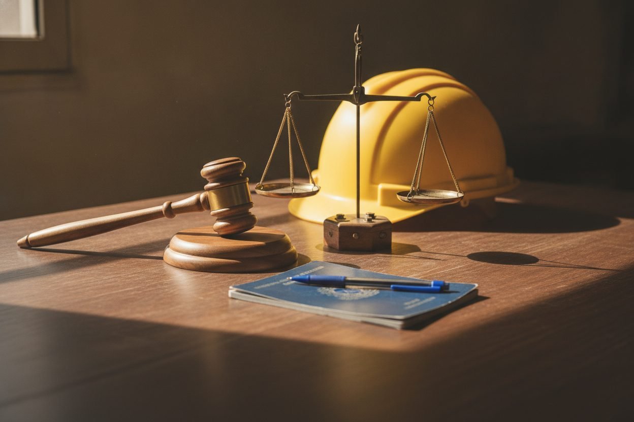 Balança da justiça e capacete de obra sobre a mesa, tema de verbas rescisórias não pagas